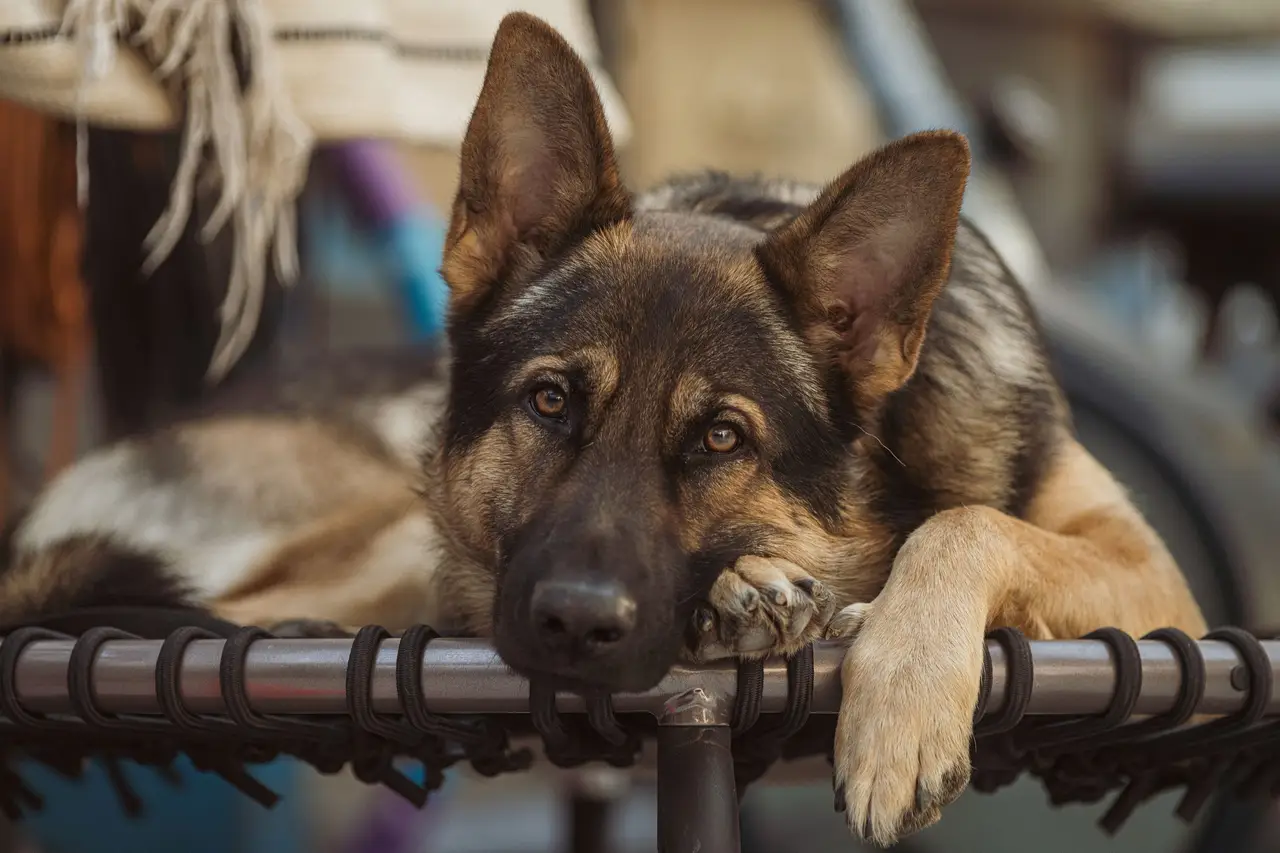 Berger Allemand couché la tête posée sur un siège, regardant la caméra