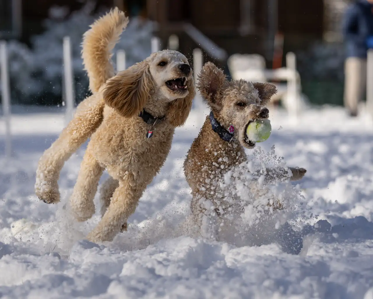 Caniche courant dans la neige, l'un tient une balle