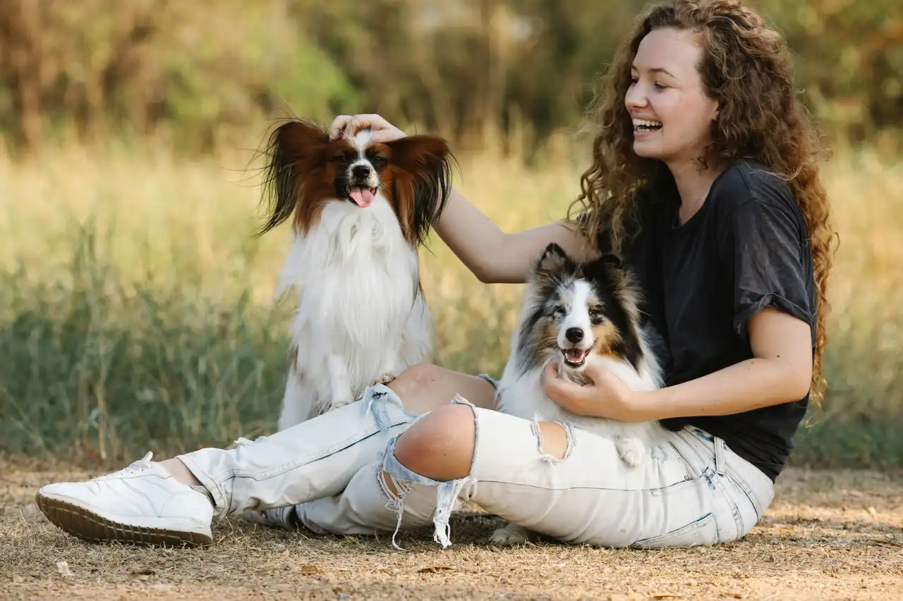 Épagneul nain continental Papillon assis à côté d'une femme assise dans l'herbe, un autre chien à ses côtés